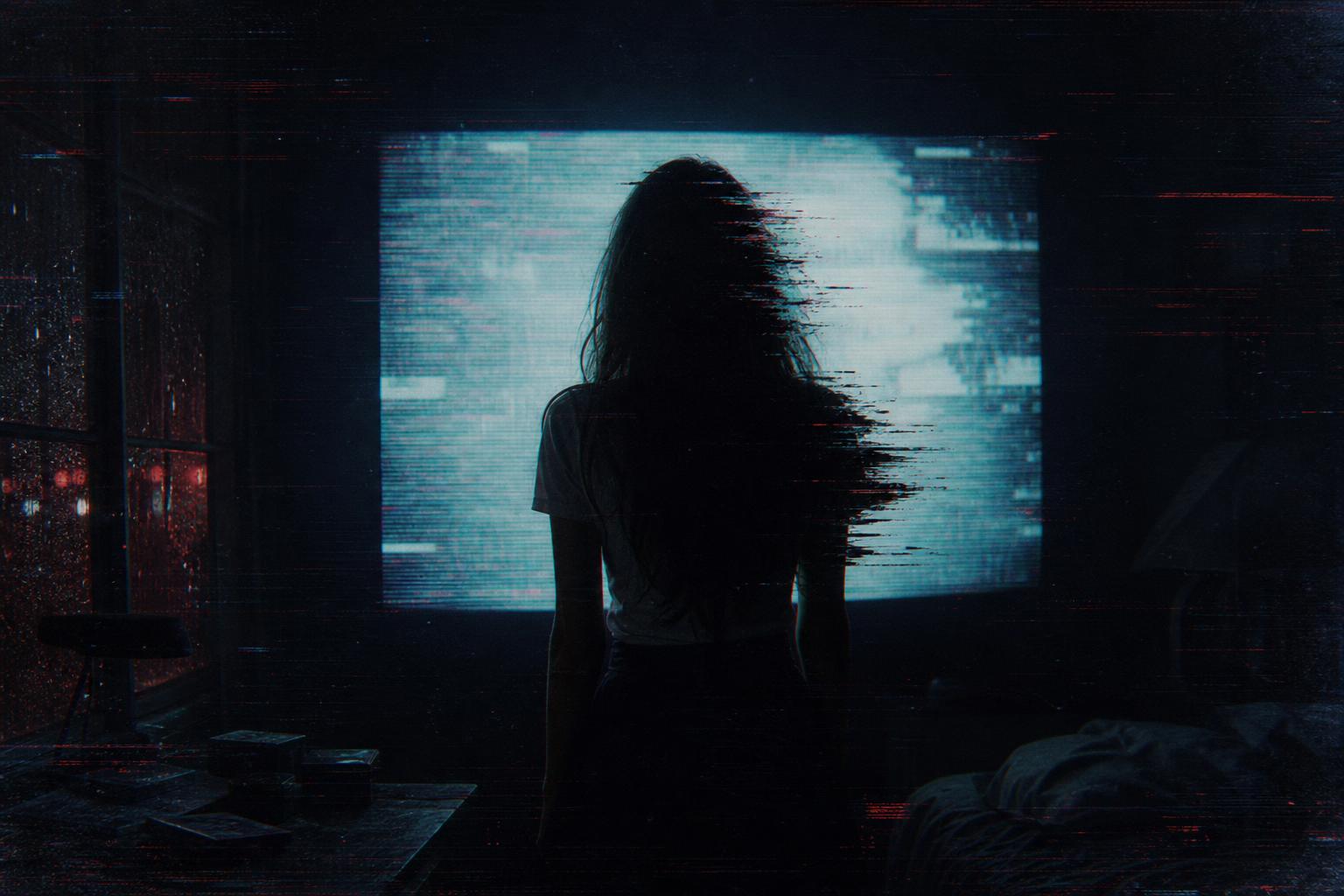 Lyra Duvall silhouetted against a glowing screen, digital glitches bleeding across the frame